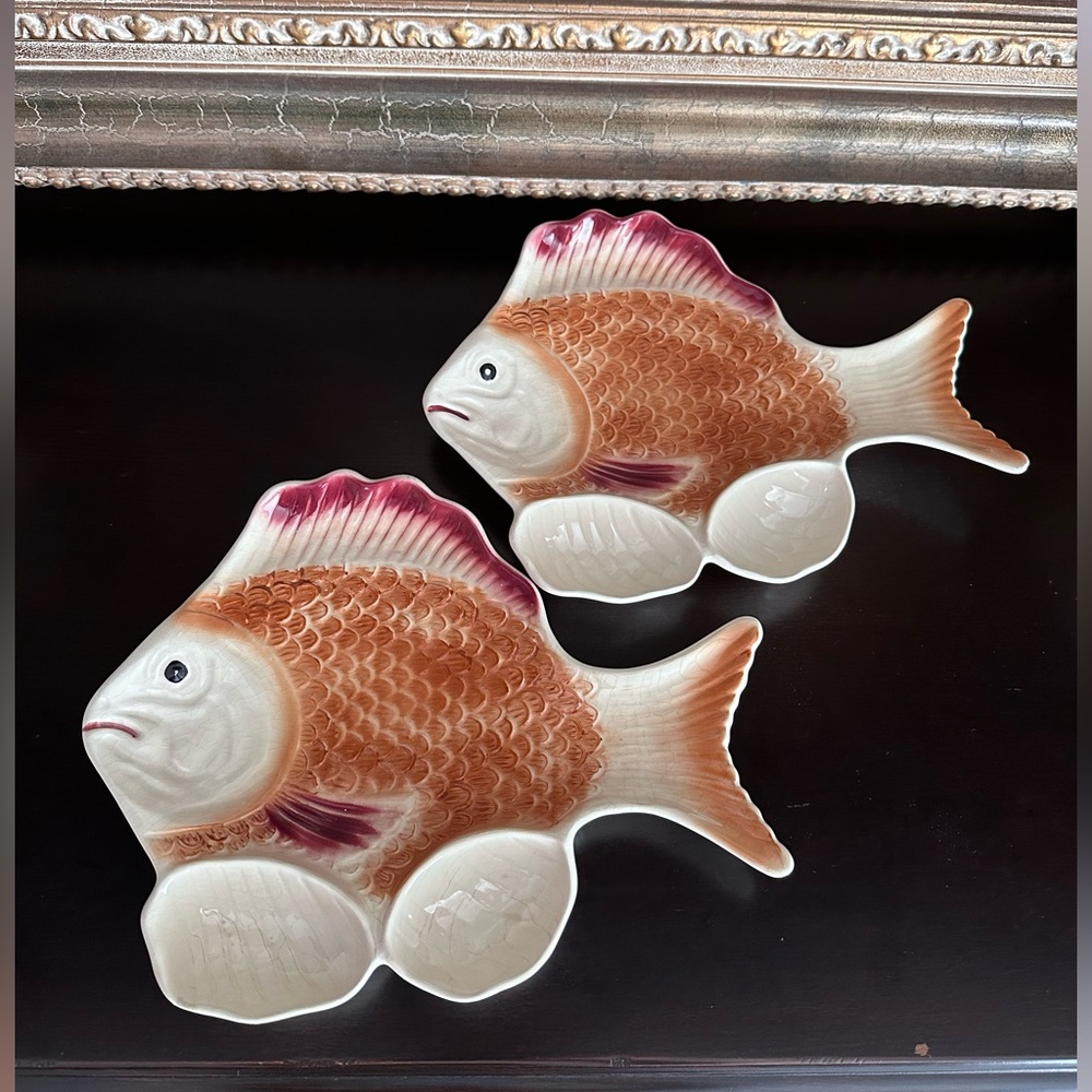Vintage Ceramic Fish-Shaped Platters - Red and Brown Hand Painted